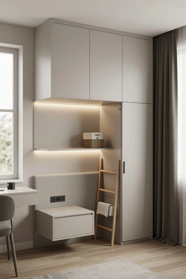 Tall light gray built-in corner wardrobe with integrated LED lighting, wooden ladder, open shelves holding baskets, floating white desk and drawer unit with gray chair below, next to window and dark gray curtains in a bedroom with light wood floors.