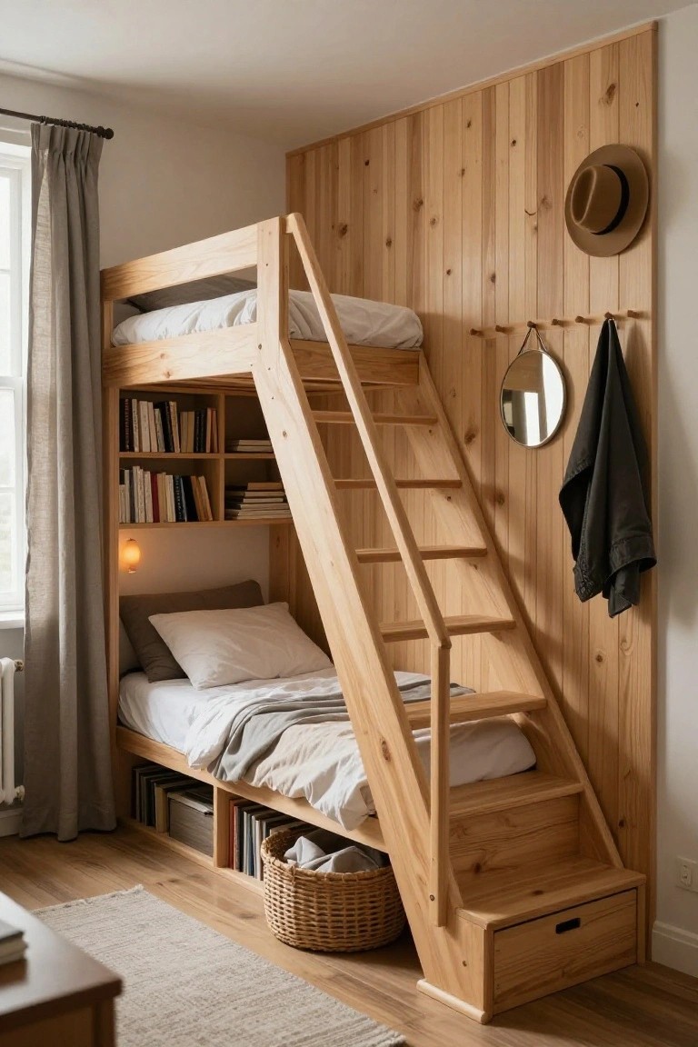 Light wooden bunk bed with open shelving integrated into the staircase filled with books, lower bunk with gray bedding and pillows, wooden paneled wall with hooks holding a hat, scarf, and mirror, in a small bedroom with neutral tones.