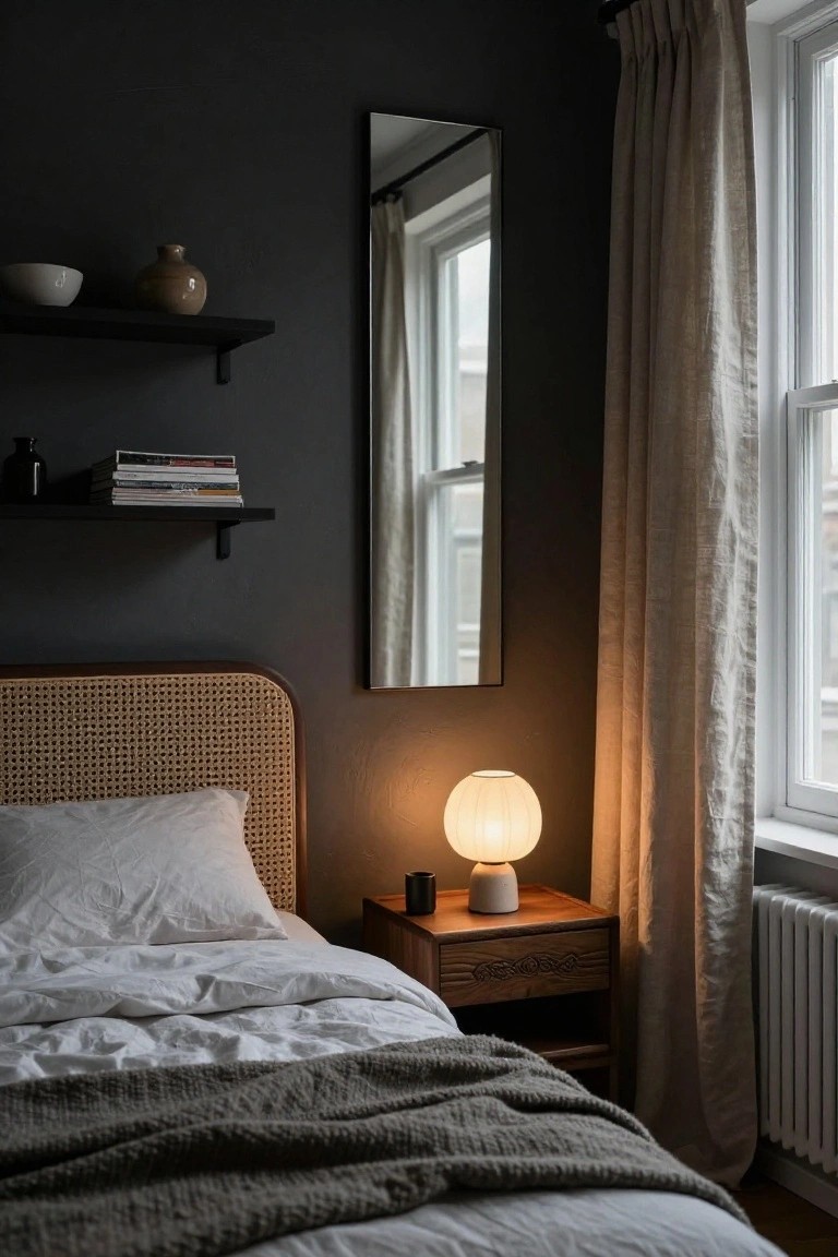 A bedroom with dark gray walls, floating black shelves holding books pottery and a vase, tall slim mirror, rattan headboard bed with white sheets and gray throw, wooden nightstand with white lamp and mug, and beige linen curtains at a window with radiator below.