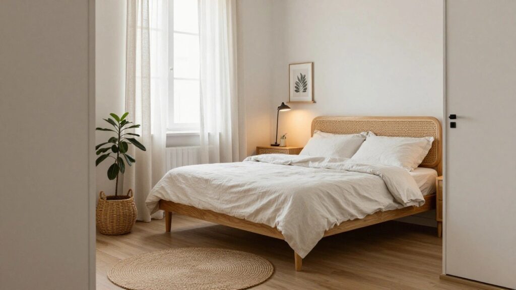 Apartment bedroom with light wooden bed frame and rattan headboard, white linen bedding partially turned down, matching oak nightstands with globe lamps, sheer curtains on window, potted plant on shelf, white wardrobe, seagrass rug, and wicker baskets under bed.