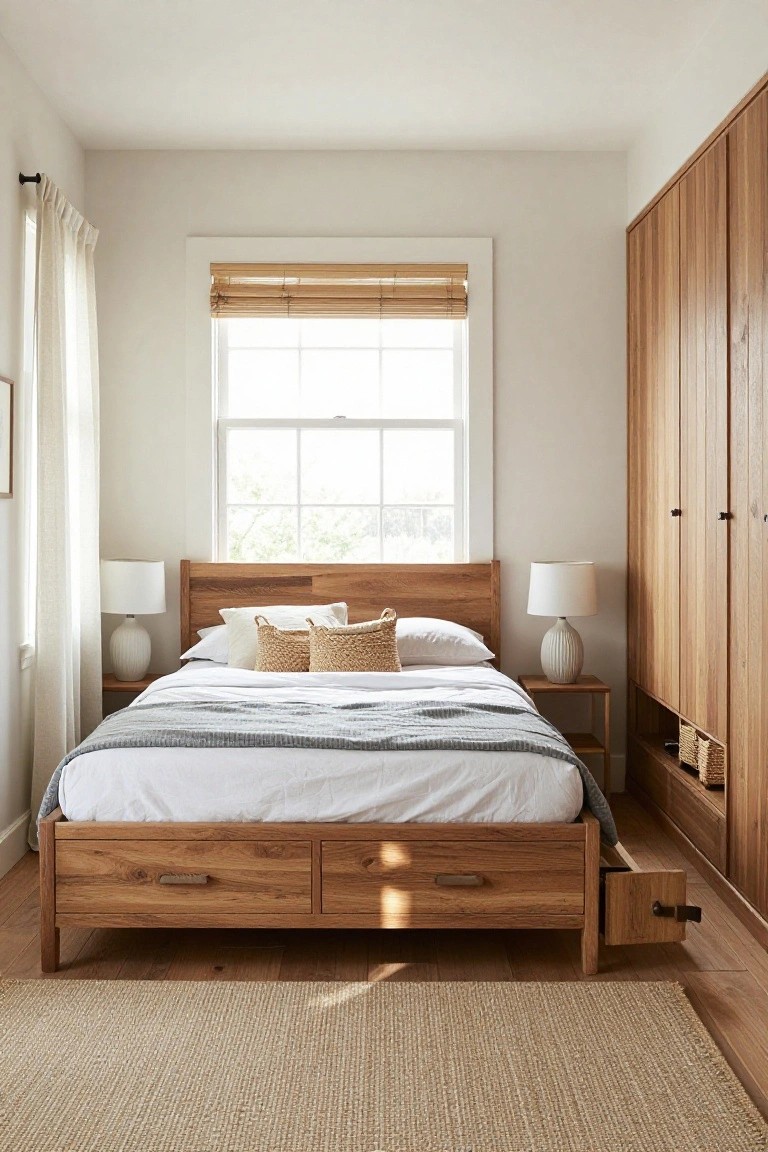 Small bedroom with light walls, wooden platform bed featuring under-bed drawers, tall adjacent wooden wardrobe with doors ajar, white and beige bedding, two ceramic lamps on nightstands, bamboo shade on window, and seagrass rug on wood floor.