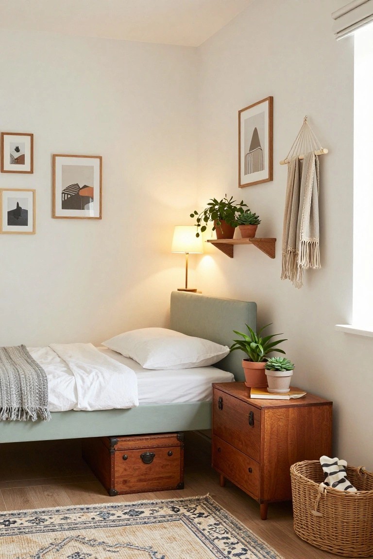 Small bedroom corner with low mint green upholstered bed frame, white bedding with gray throw, wooden trunk underneath, wooden nightstand holding plants and books, potted plants on wall shelves, neutral rug, and woven basket on wood floor.