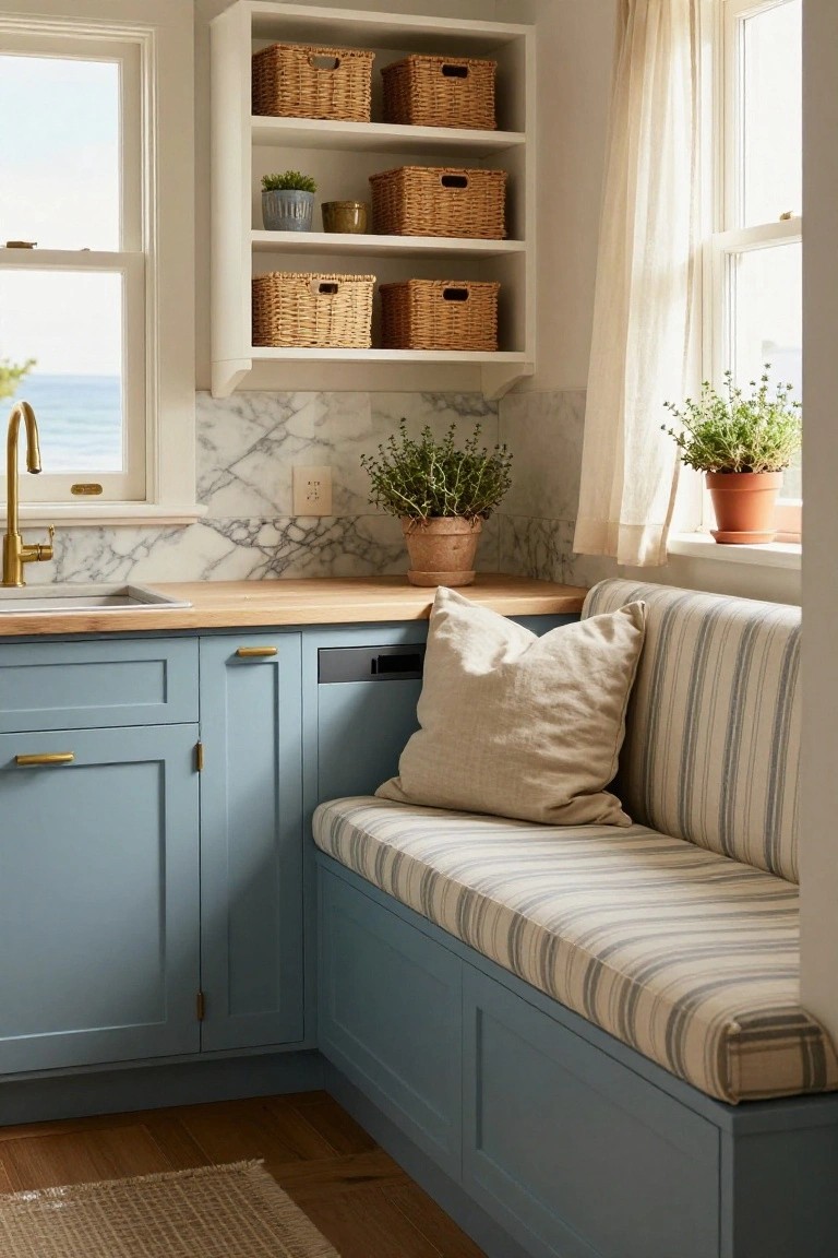 Small kitchen corner with light blue cabinets, wooden countertop, stainless sink, white marble backsplash, open shelves holding wicker baskets and potted plants, and built-in bench with beige cushions and striped upholstery by window overlooking ocean.