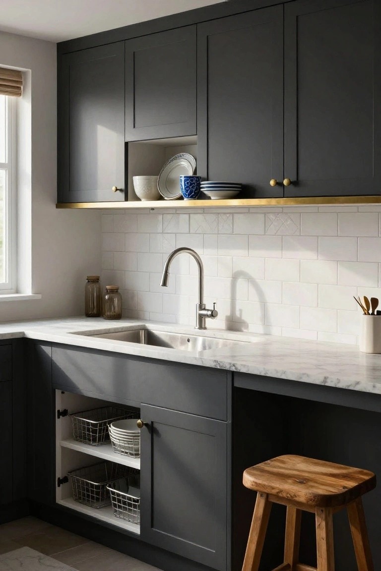 Modern kitchenette corner with matte black cabinets, white marble countertop, stainless steel sink and faucet, white subway tile backsplash, open lower cabinet showing stacked wire baskets with white plates, glass jars on counter, wooden stool, and window light.