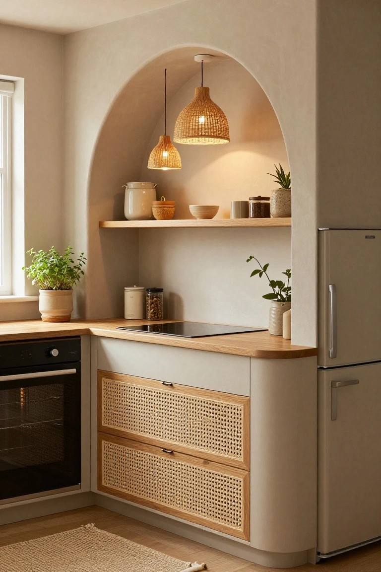 Compact L-shaped kitchenette with curved white cabinets featuring rattan drawer fronts, wood countertop, built-in oven, freestanding refrigerator, arched niche with two woven pendant lights and open shelves holding pottery and plants, on a beige textured wall with window and floor rug.