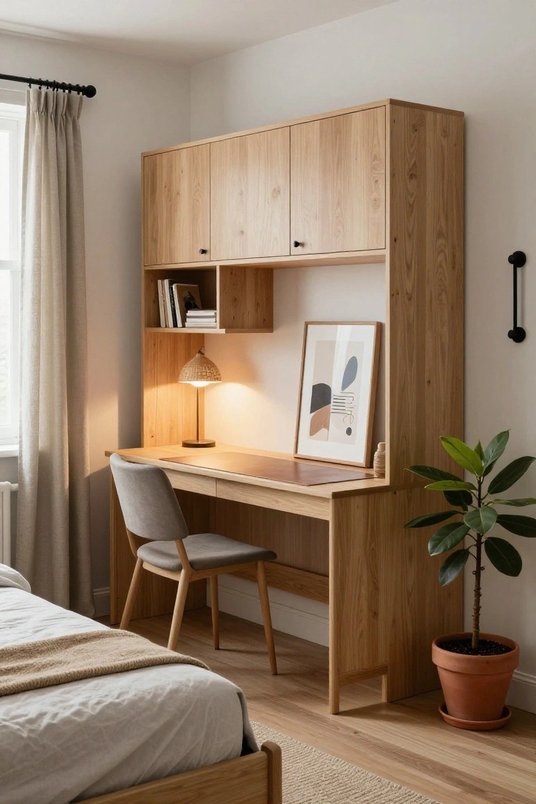 Light oak wooden tall cabinet unit with upper cabinets, open shelves, desk surface, woven lamp, gray chair, potted plant, and bed in a simply furnished bedroom.