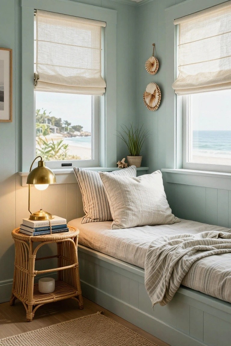 Cozy seaside bedroom with light blue walls, striped bedding, rattan furniture, and ocean view.