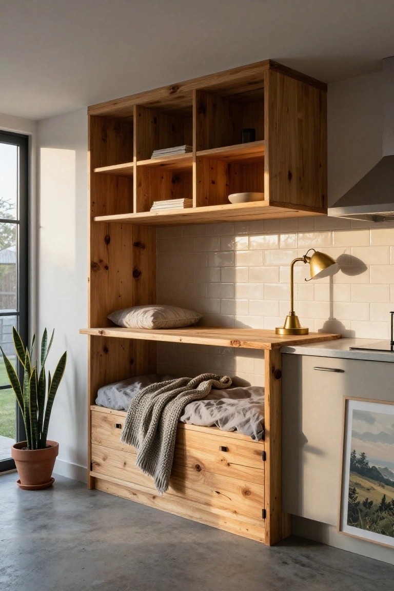 Tall wooden built-in cabinet unit in a modern kitchen with open upper shelves holding books and dishes, a middle desk shelf with brass lamp on white subway tile backsplash, lower bed platform with gray sheets and knit throw, snake plant in terracotta pot on concrete floor, and gray cabinets nearby.