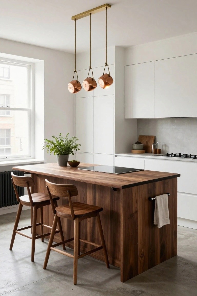 Modern white kitchen with central wooden island featuring integrated cooktop, two wooden bar stools, copper pendant lights, potted herb plant on counter, and gas stove in background.