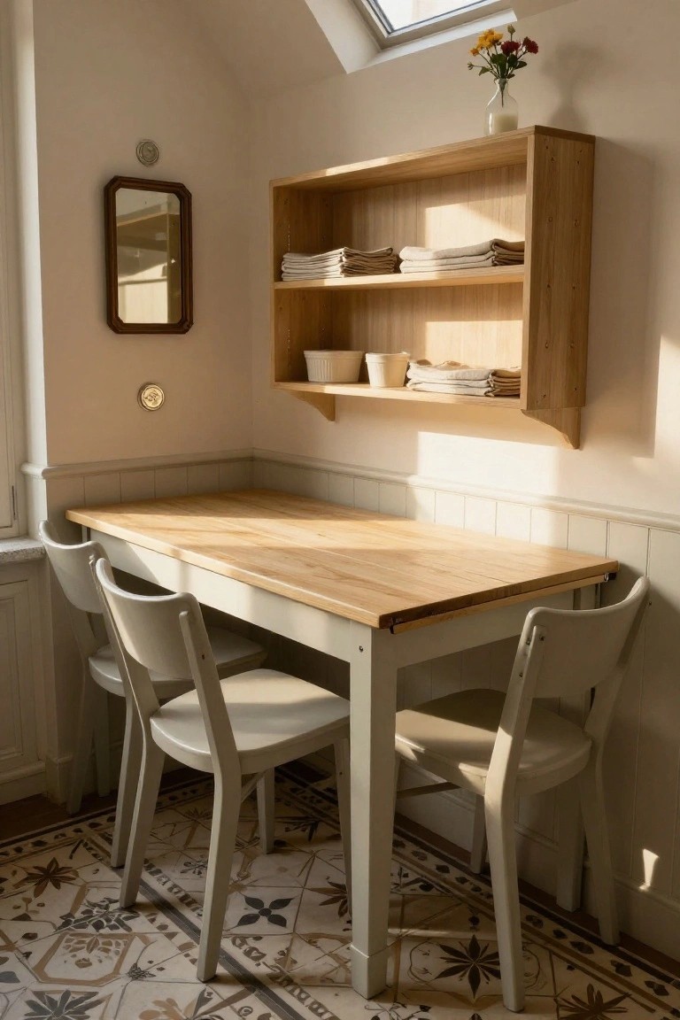 Small light wooden dining table with two white chairs in a corner of a light-filled kitchen, open wooden wall shelves above holding white dishes and folded linens, patterned tile floor, and skylight overhead.