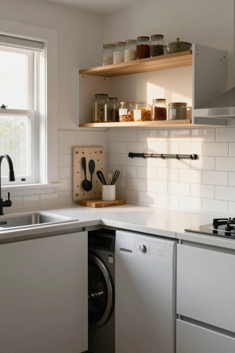 White L-shaped kitchen corner featuring a sink, gas stove, open wooden shelves with glass jars of spices and grains, pegboard wall with utensils, and a front-loading washer integrated beside the cabinets.