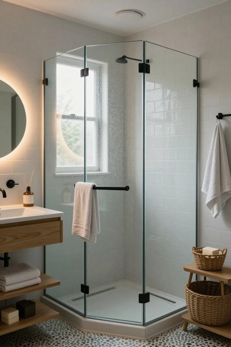 Corner glass shower enclosure in a small bathroom with wooden vanity, round backlit mirror, white subway tile walls, towels on black rails, and pebble floor tiles.