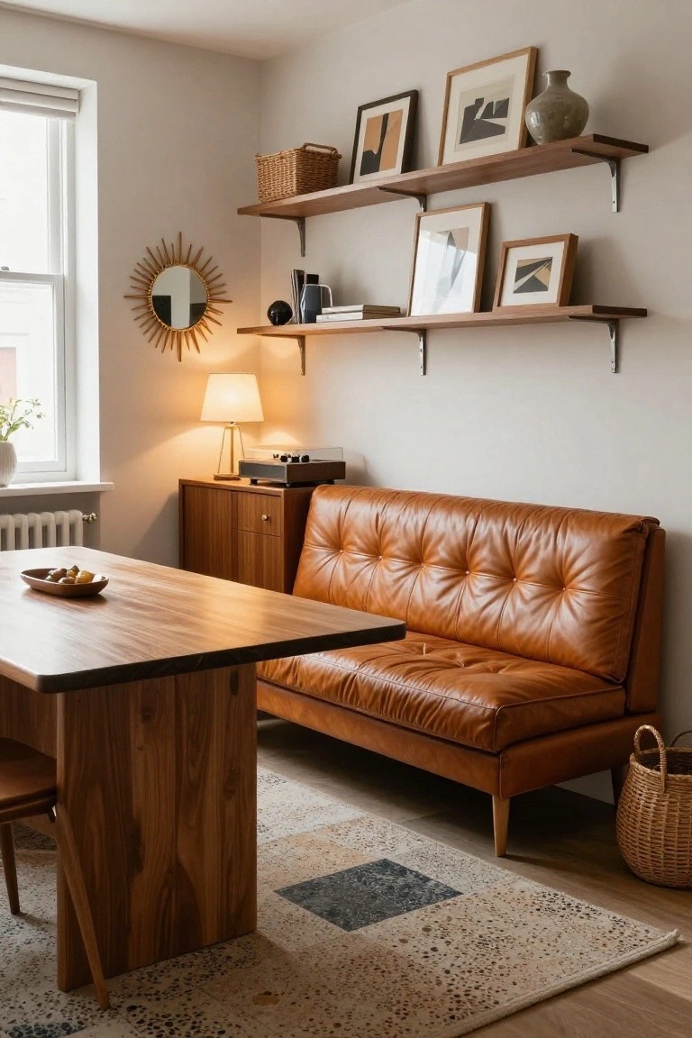 Cozy living room featuring a brown leather sofa, wooden table, and stylish wall decor.