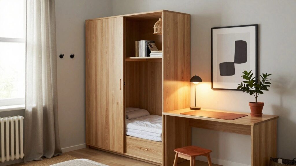 Light oak wooden tall cabinet unit with upper cabinets, open shelves, desk surface, woven lamp, gray chair, potted plant, and bed in a simply furnished bedroom.