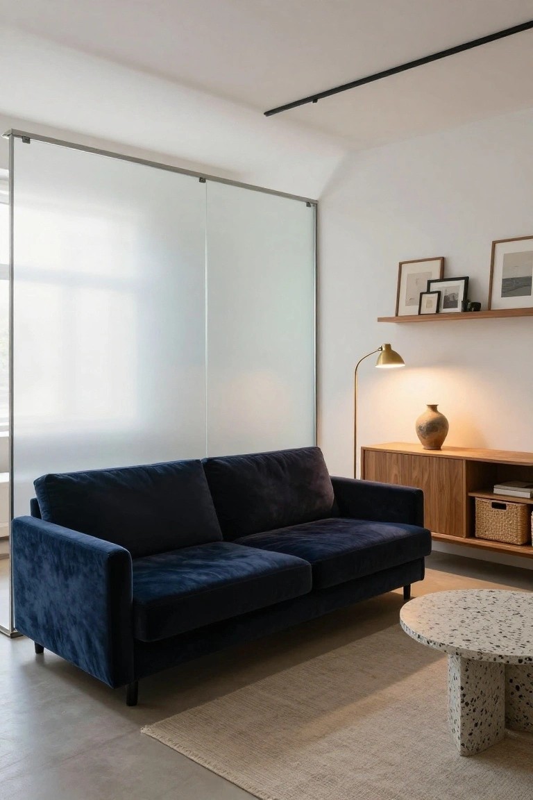 Modern studio apartment living area with navy blue velvet sofa against a frosted glass partition, wooden credenza with shelves and baskets, gold arched floor lamp, terracotta vase, framed art, round white terrazzo coffee table, neutral rug, and polished concrete floor.