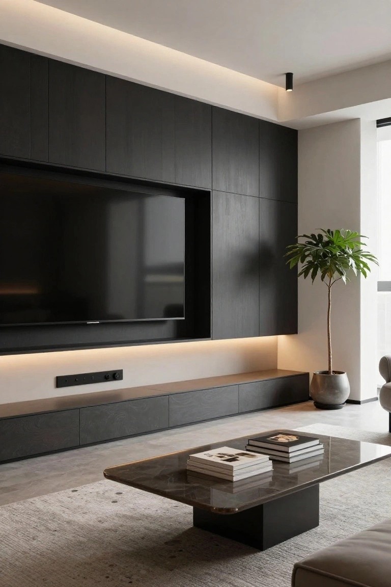Modern living room interior with tall black wood cabinets forming a wall unit around a recessed flat-screen TV, underlit shelves, low wooden media bench, glass-top coffee table with stacked books, potted palm plant in gray pot, and light gray armchair on speckled floor.