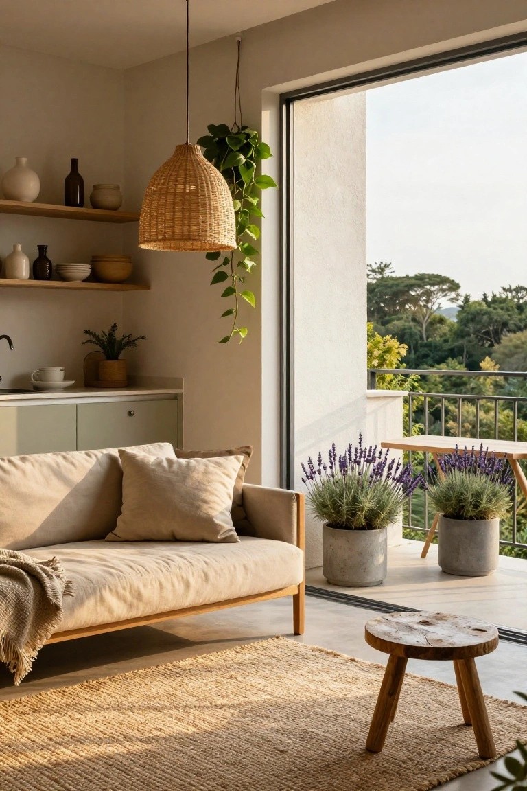 Light-filled studio apartment interior with open wooden kitchen shelves holding pottery and bottles, rattan pendant light with trailing plant, beige sofa and pillows on seagrass rug, wooden stool, and sliding glass doors to balcony with potted lavender overlooking trees.