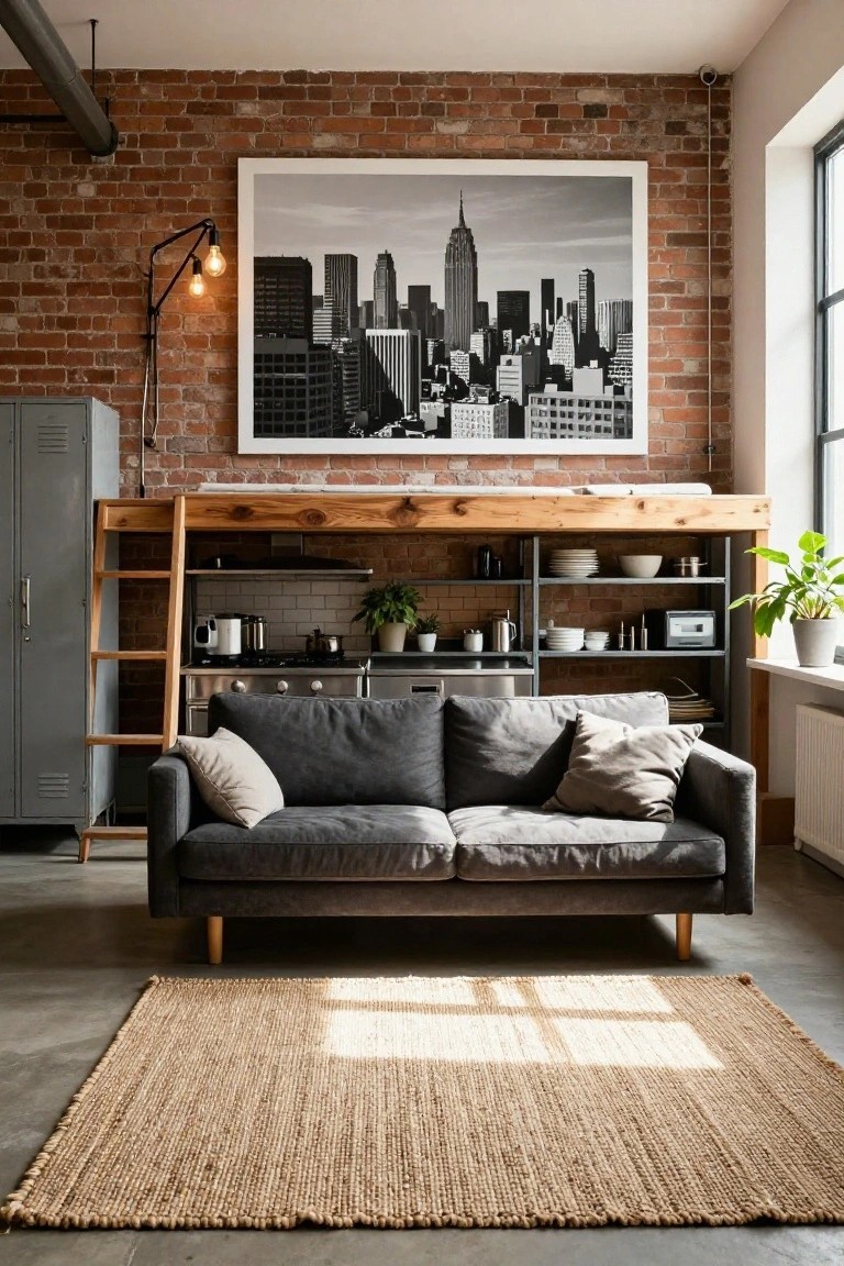 Studio apartment with exposed brick walls, wooden loft platform over kitchen shelves and counters accessed by ladder, gray sofa on concrete floor, and large black-and-white New York skyline photo.
