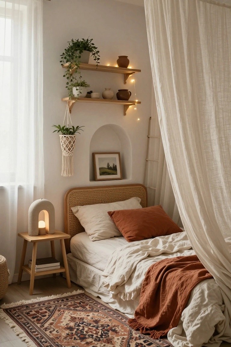 Corner bedroom with rattan headboard bed draped in sheer white canopy, wooden shelves holding plants and pottery, hanging macrame planter, arched niche with painting, side table with lamp, and terracotta-patterned rug.