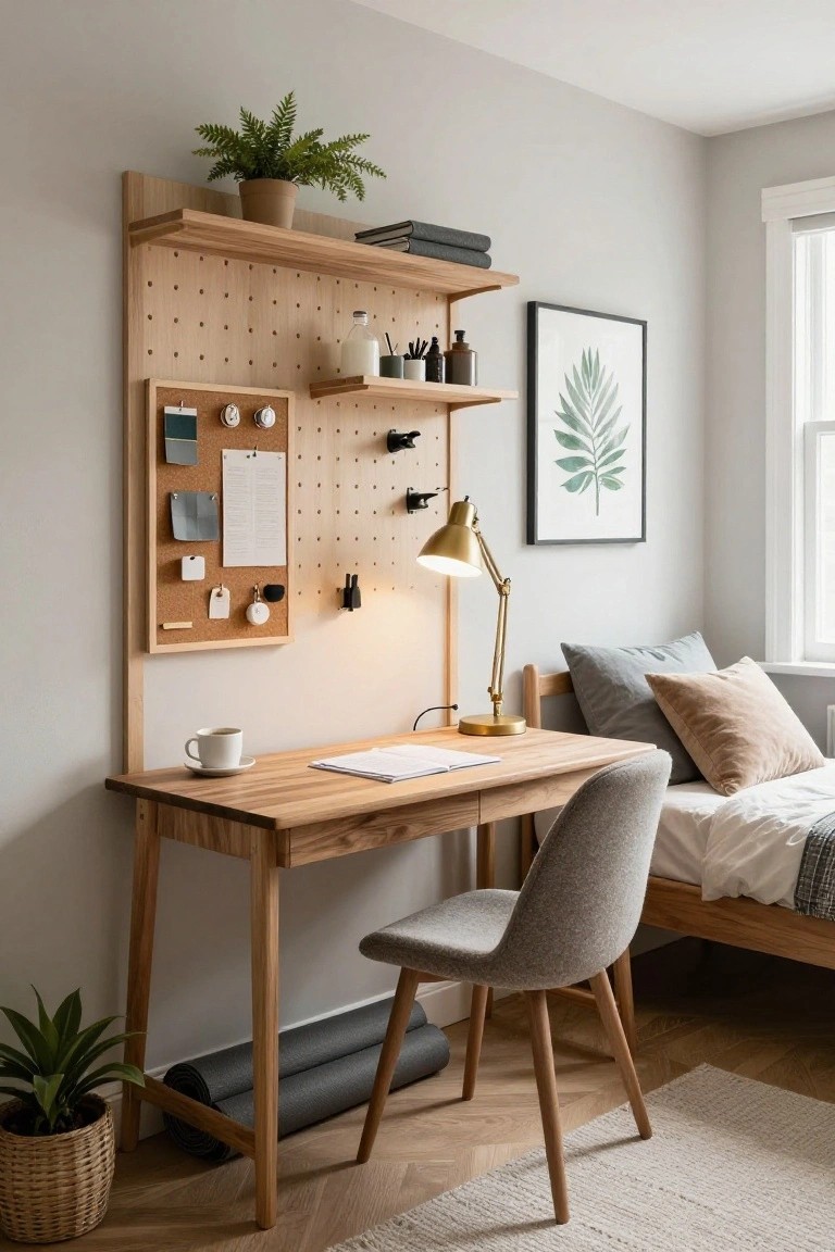 A small bedroom workspace with a wooden desk and gray chair next to a bed, featuring a large oak pegboard wall unit with shelves holding plants and books, a corkboard, hooks, and a gold desk lamp.