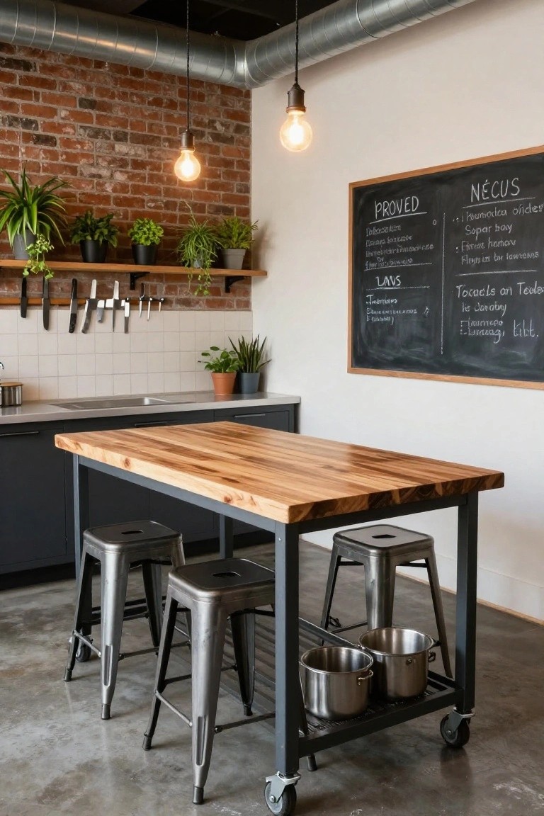Industrial-style kitchen with exposed brick wall, wooden-topped metal island table on wheels holding stainless steel pots on lower shelf, flanked by four metal bar stools, plants on shelves, hanging knives, and chalkboard menu board.