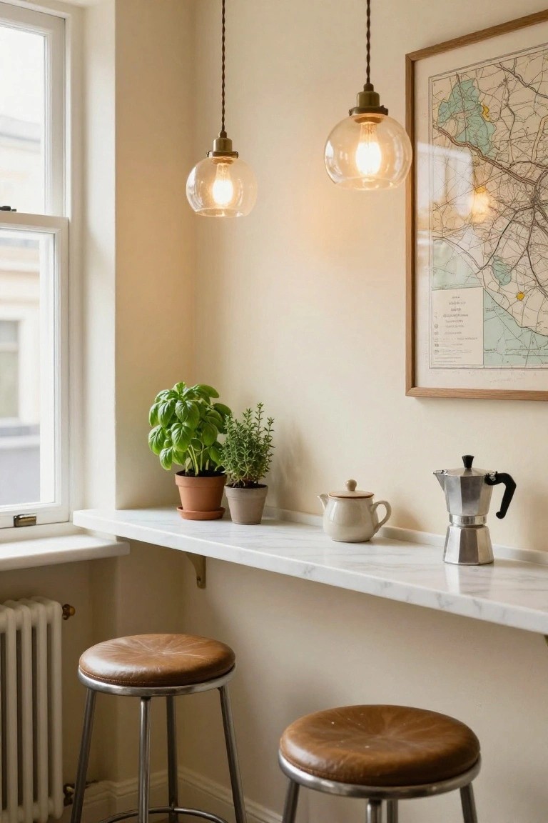 Indoor corner with a white marble countertop built along a large window, holding potted basil and thyme plants, a white teapot with lid, and silver moka pot coffee maker, flanked by two tan leather stools on metal frames, brass pendant lights hanging above, and a framed green-toned map on the wall beside a radiator.