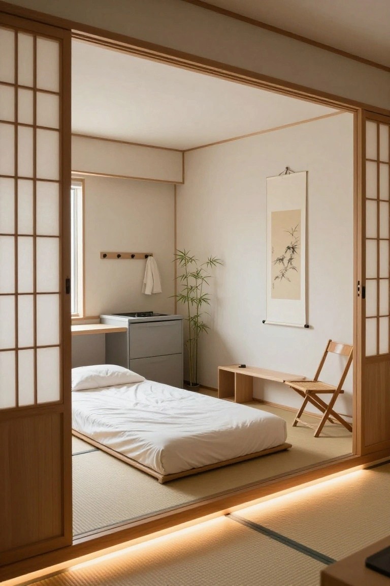 Compact Japanese-style studio apartment interior with open shoji sliding doors revealing a white futon on tatami mats, small kitchenette, bamboo plant, wooden bench, folding chair, and scroll painting on beige walls.