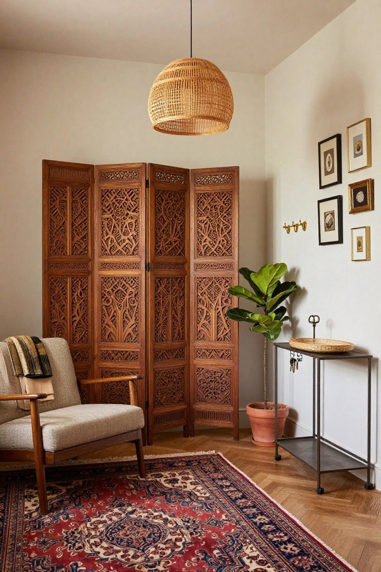 Cozy indoor corner with tall carved wooden folding screen, beige armchair with plaid blanket, potted fiddle leaf fig, woven pendant light overhead, small framed artworks on white walls, red Persian rug on oak herringbone floors, and metal tray stand with keys.