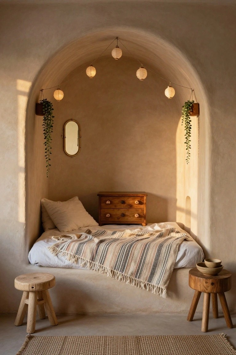 A low bed with white bedding and striped woven throw tucked into a curved beige plaster alcove, flanked by wooden stools, dresser, hanging paper lanterns, potted plants, and oval mirror.