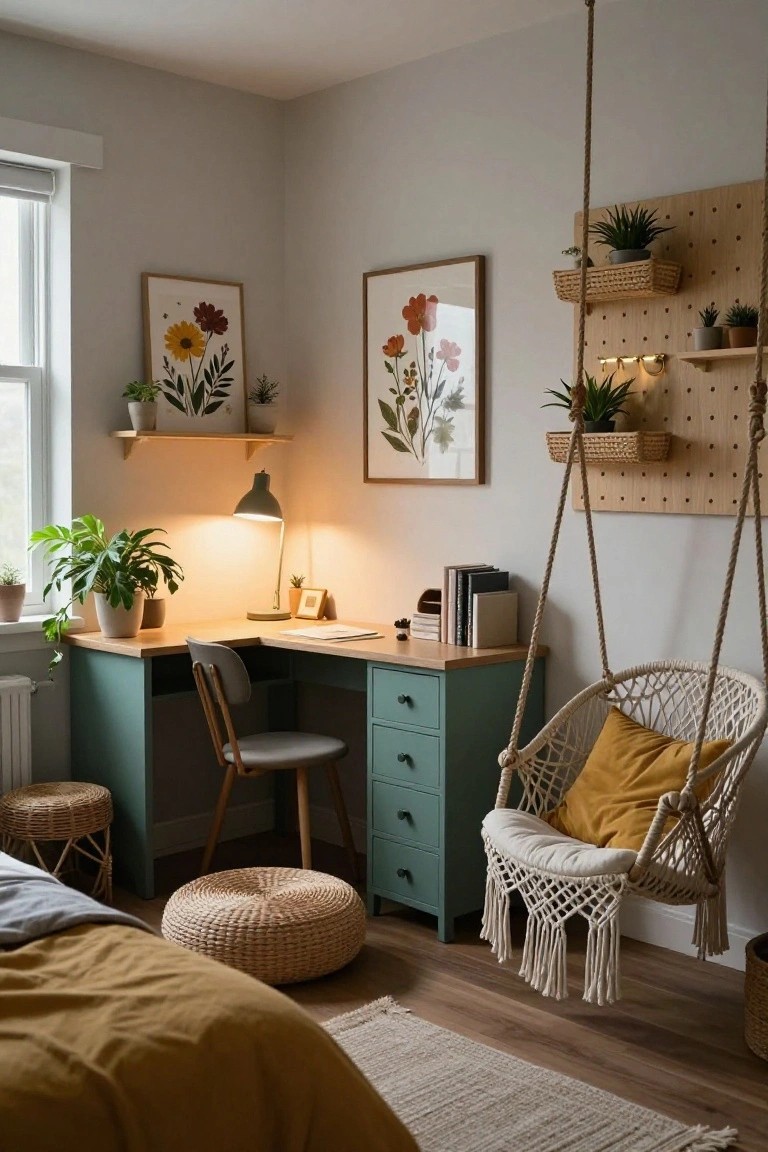 Cozy workspace with a green desk, plants, decorative wall art, and a macramé chair.
