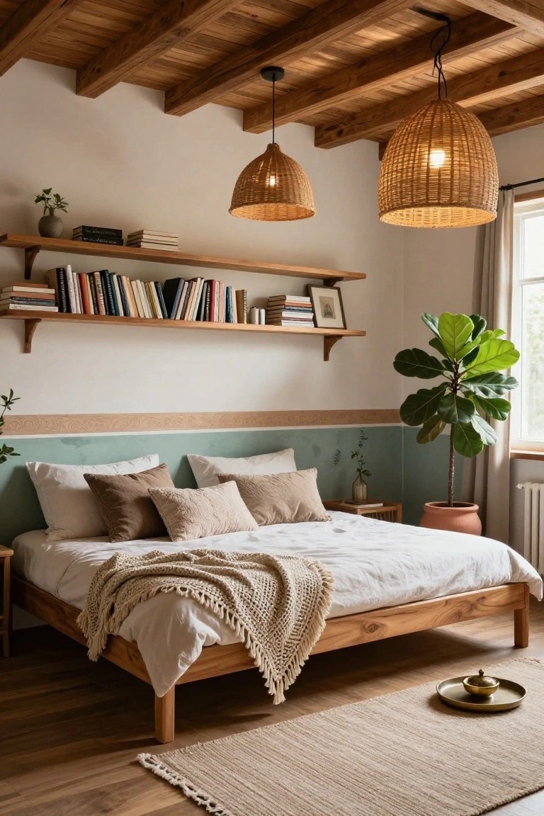 Bedroom interior with exposed wooden ceiling beams, rattan pendant lights, wooden floating shelves holding books, a wooden bed with white linens and knitted throw, a large fiddle leaf fig plant in a terracotta pot, light walls with pastel green lower section, and light wood flooring with a neutral rug.