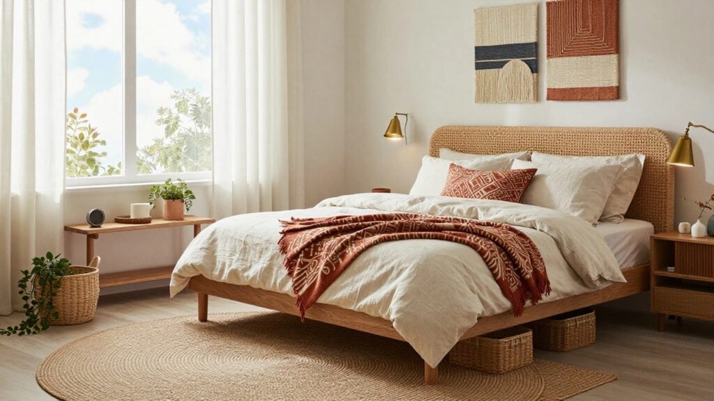 Bedroom corner with rattan headboard bed draped in white linens and terracotta throw, wooden nightstand with brass lamp, wicker storage basket on seagrass rug, sheer curtains on double-hung windows, potted trailing plant on wall shelf, and paired abstract line art prints on white walls.