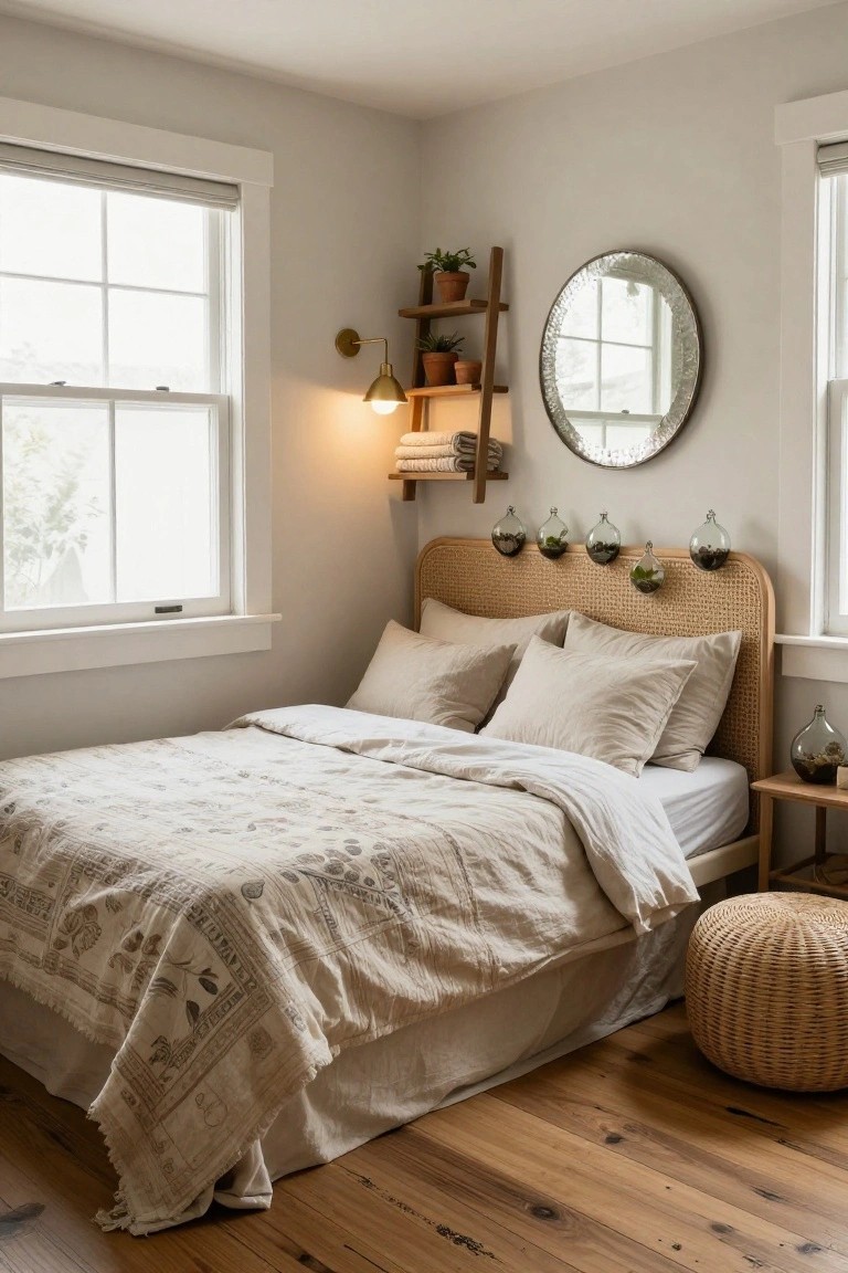 A small bedroom with light walls, a curved rattan headboard holding five hanging glass terrariums filled with moss and plants, neutral beige bedding, wood floors, shelves with potted plants, and soft window light.