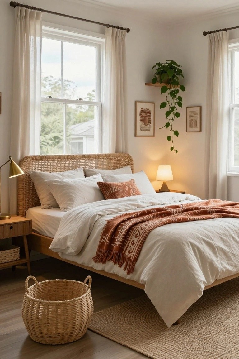 Bedroom corner with rattan headboard bed draped in white linens and terracotta throw, wooden nightstand with brass lamp, wicker storage basket on seagrass rug, sheer curtains on double-hung windows, potted trailing plant on wall shelf, and paired abstract line art prints on white walls.