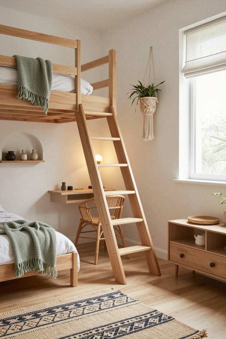 Oak bunk bed with ladder and built-in desk below in a small light-colored bedroom with neutral bedding, plants, woven rug, and wooden furniture.
