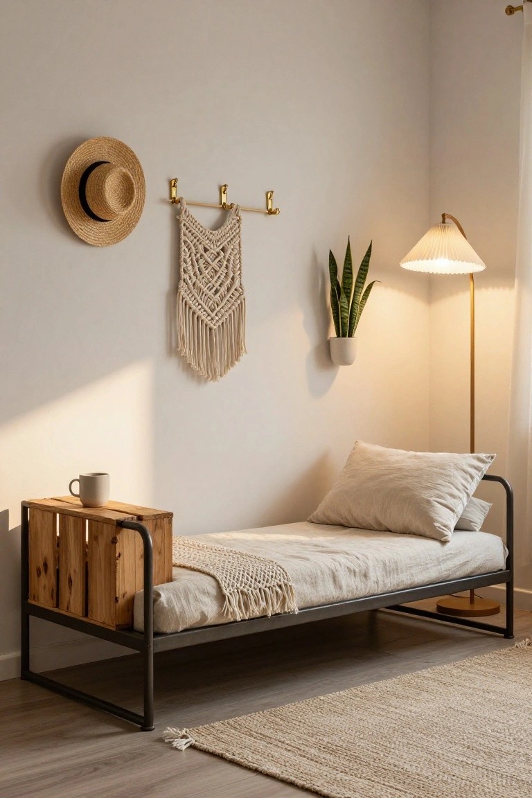 Small bedroom corner with beige walls, black metal daybed covered in white linen sheets and beige throw, wooden crate side table holding a white mug, macrame wall hanging, straw hat on hooks, potted snake plant, arched floor lamp, and seagrass rug on light wood floor.