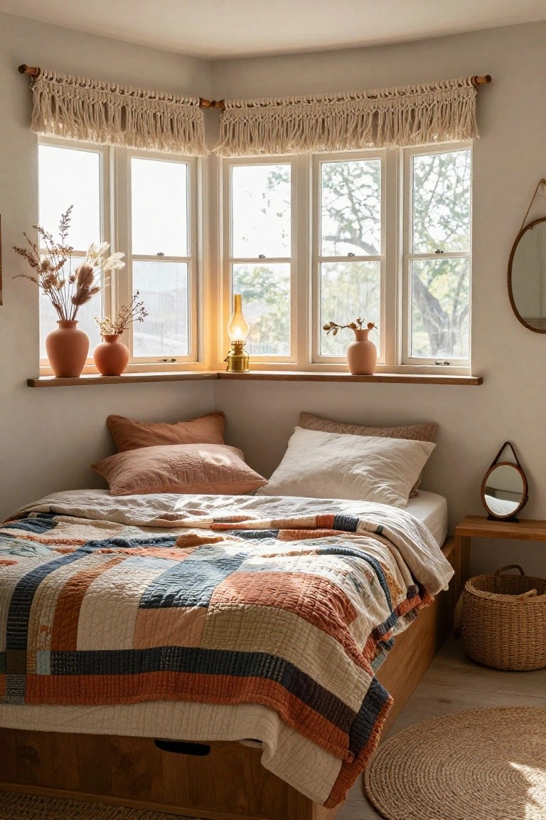 Cozy bedroom with a quilted bedspread, potted plants, and warm natural light.