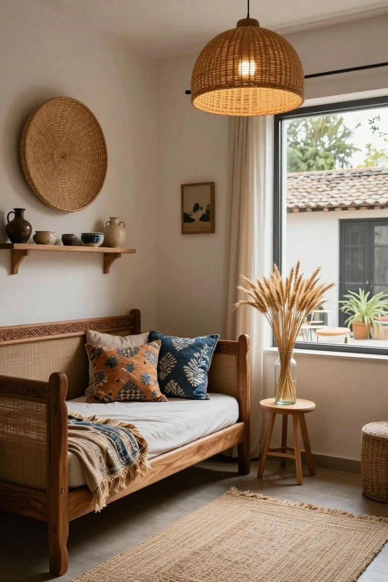 A cozy indoor corner with a low wooden daybed featuring rattan headboard and sides, assorted pillows, a light blanket, woven wall baskets, shelves holding pottery, pampas grass in a glass vase on a wood side table, and a large window with sheer curtains.