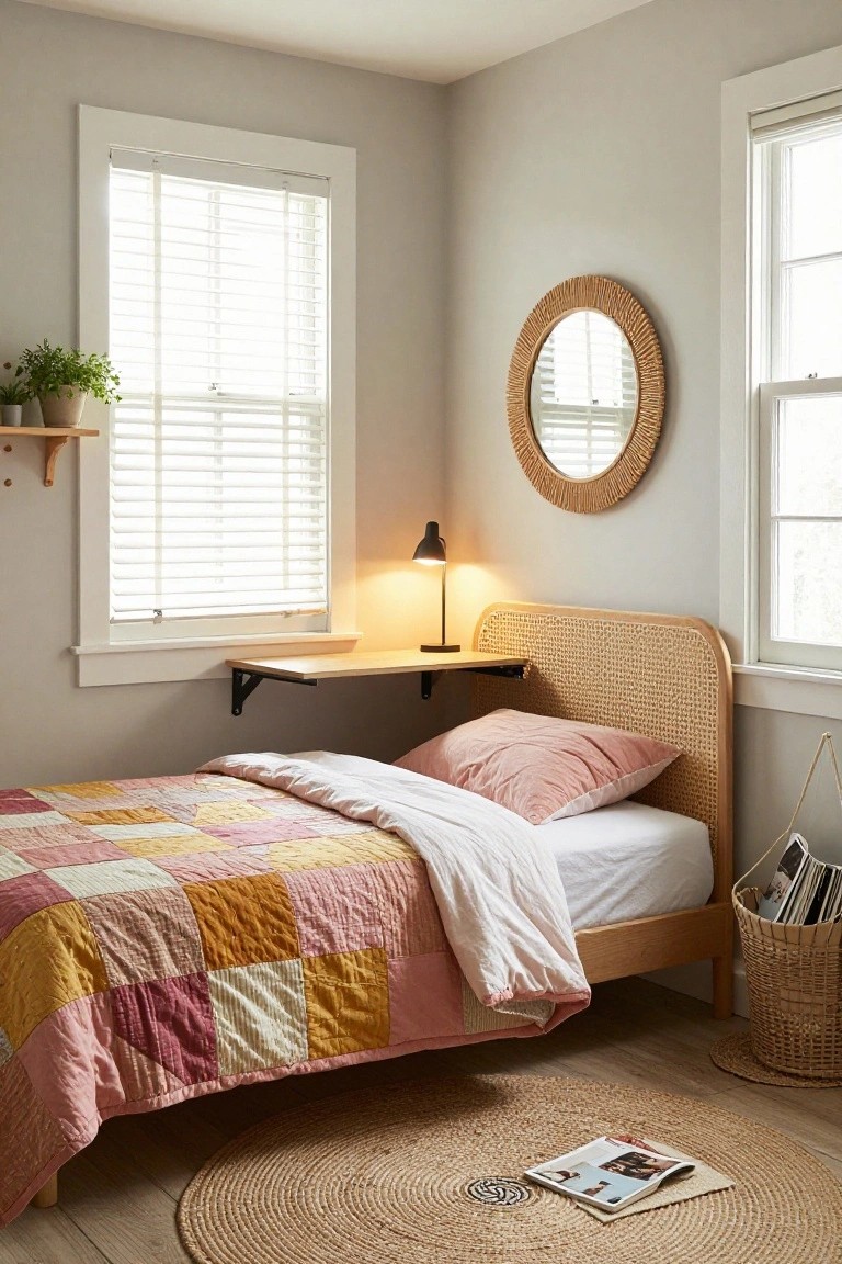 Small bedroom with beige rattan headboard on bed covered by pink and yellow patchwork quilt and white duvet, floating wooden desk with black lamp, round rattan mirror on light gray wall, potted plants on wall shelf by window with white blinds, seagrass rug on wood floor, woven basket holding magazines.