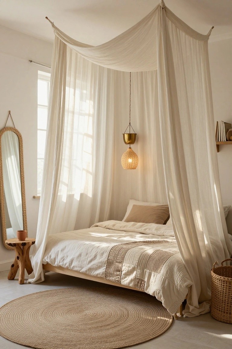 A bedroom with a low wooden bed under draped white sheer canopy fabric hanging from ceiling hooks, next to a window with sheer curtains, rattan mirror, woven stool with plant, pendant lamp, bookshelves, and round seagrass rug on light wood floor.