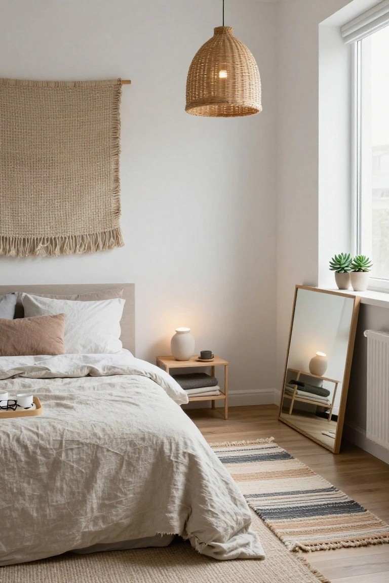 Cozy bedroom with a bed, woven wall hanging, mirror, and plants. Soft neutral tones.