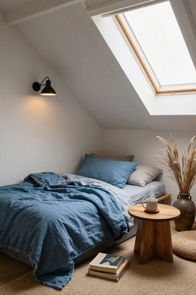 Small attic bedroom featuring a low platform bed with blue linen bedding and gray pillows, wooden stool side table with white mug, saucer, and stacked books, tall pampas grass in ceramic vase, black wall lamp, skylight in sloped white ceiling, and seagrass rug on wood floor.