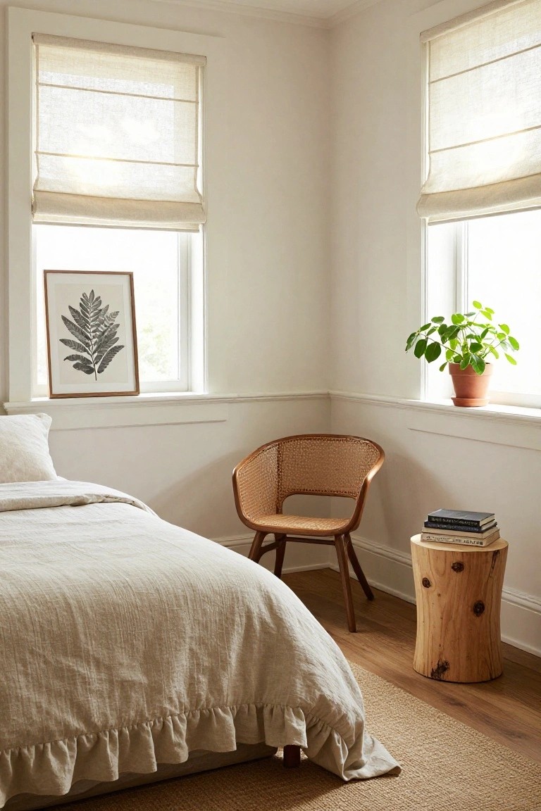Bedroom corner with a white linen bed, curved wicker armchair, tree stump side table holding stacked books, potted plant on windowsill, and framed leaf artwork near double-hung windows with linen roman shades.