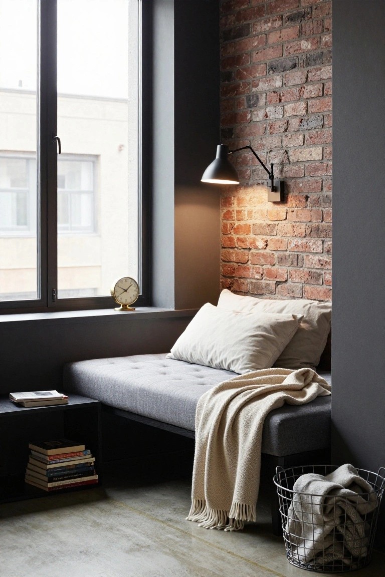 Interior reading nook with gray tufted daybed under a large window sill next to exposed brick wall, gold clock on sill, wall-mounted black lamp, stack of books and low table on one side, wire basket with linens on concrete floor.