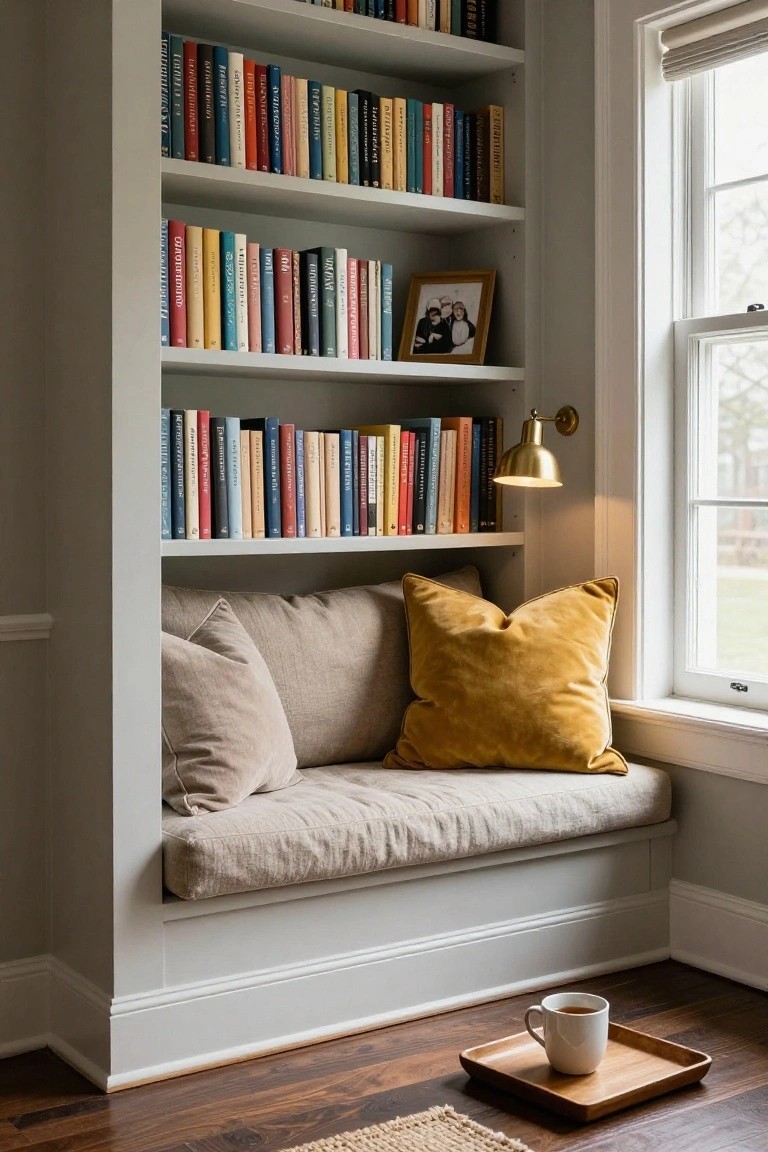 Built-in white bookshelves framing a beige cushioned window seat with pillows, a lit brass wall lamp, colorful books, a framed photo, and a white teacup on a wooden tray on the hardwood floor.