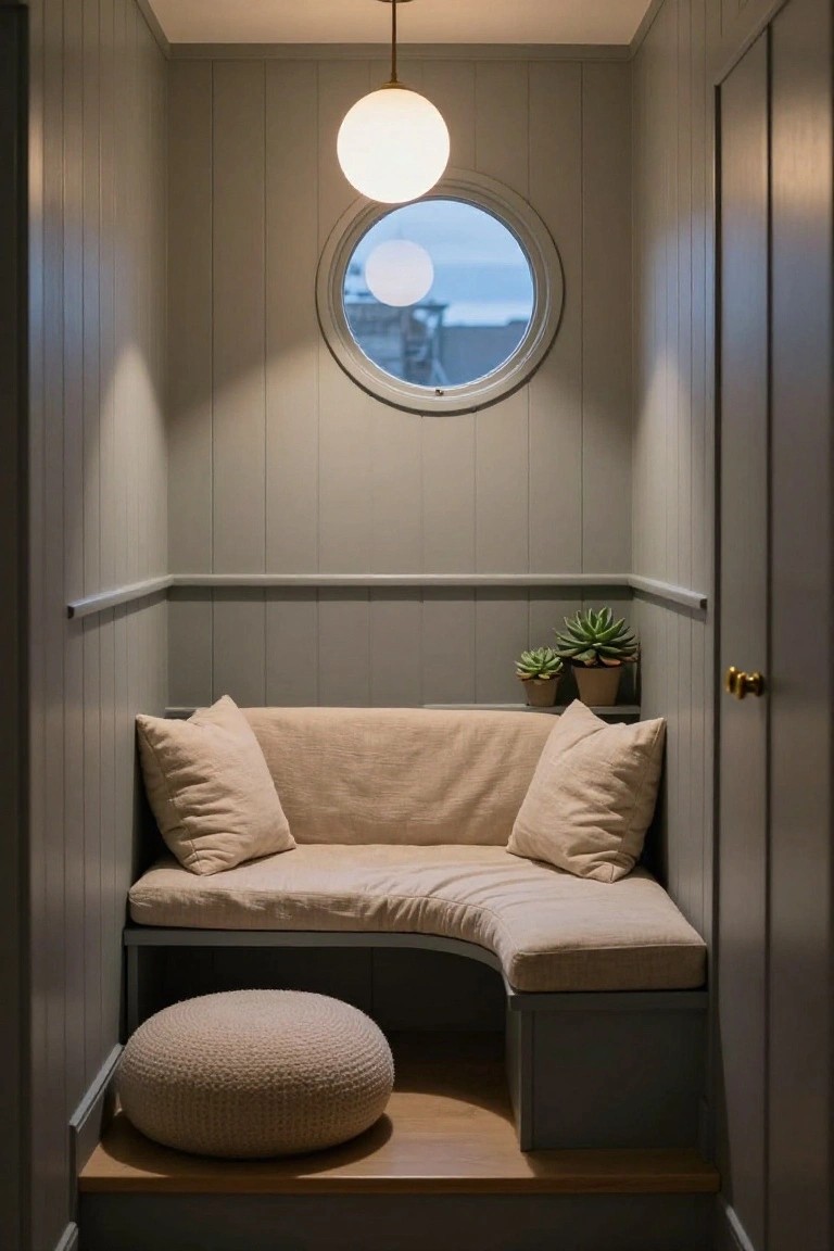 Compact gray-paneled interior nook with curved beige bench seat, matching cushions, round window, potted succulents on shelf, pouf ottoman, and dark wood door.