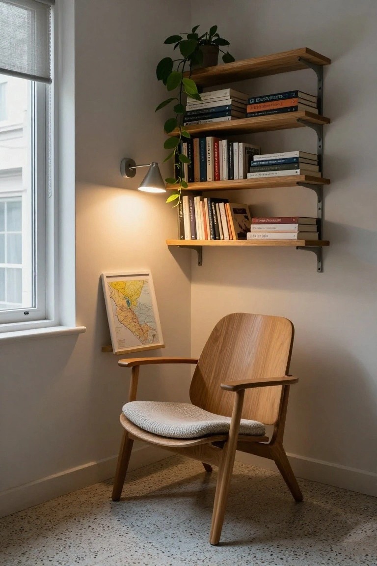 Corner indoor reading nook with floating wooden shelves holding assorted books, potted trailing plant, wooden armchair with light upholstery, wall-mounted lamp, framed map on wall, and window with roller blind on speckled floor.