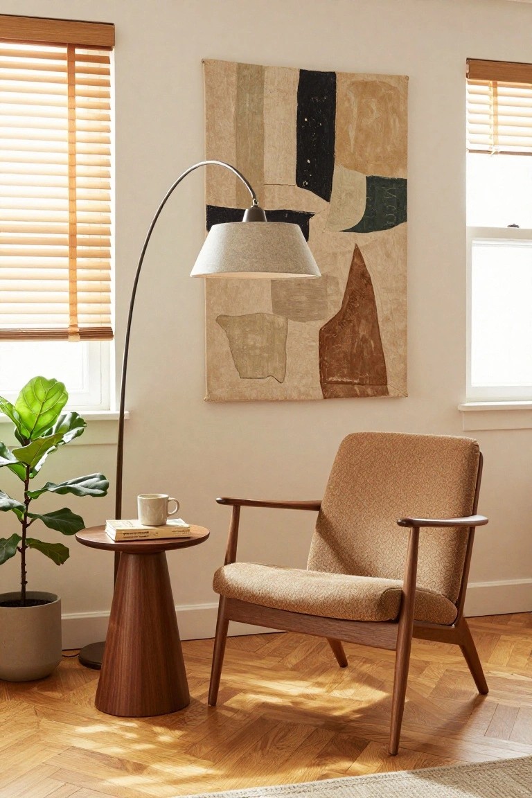 Beige upholstered wooden armchair next to tripod wooden side table with stacked books and white mug, fiddle leaf fig plant in gray pot beside it, arc floor lamp overhead, abstract beige wall hanging, wooden blinds on windows, beige walls, and parquet wood floor.