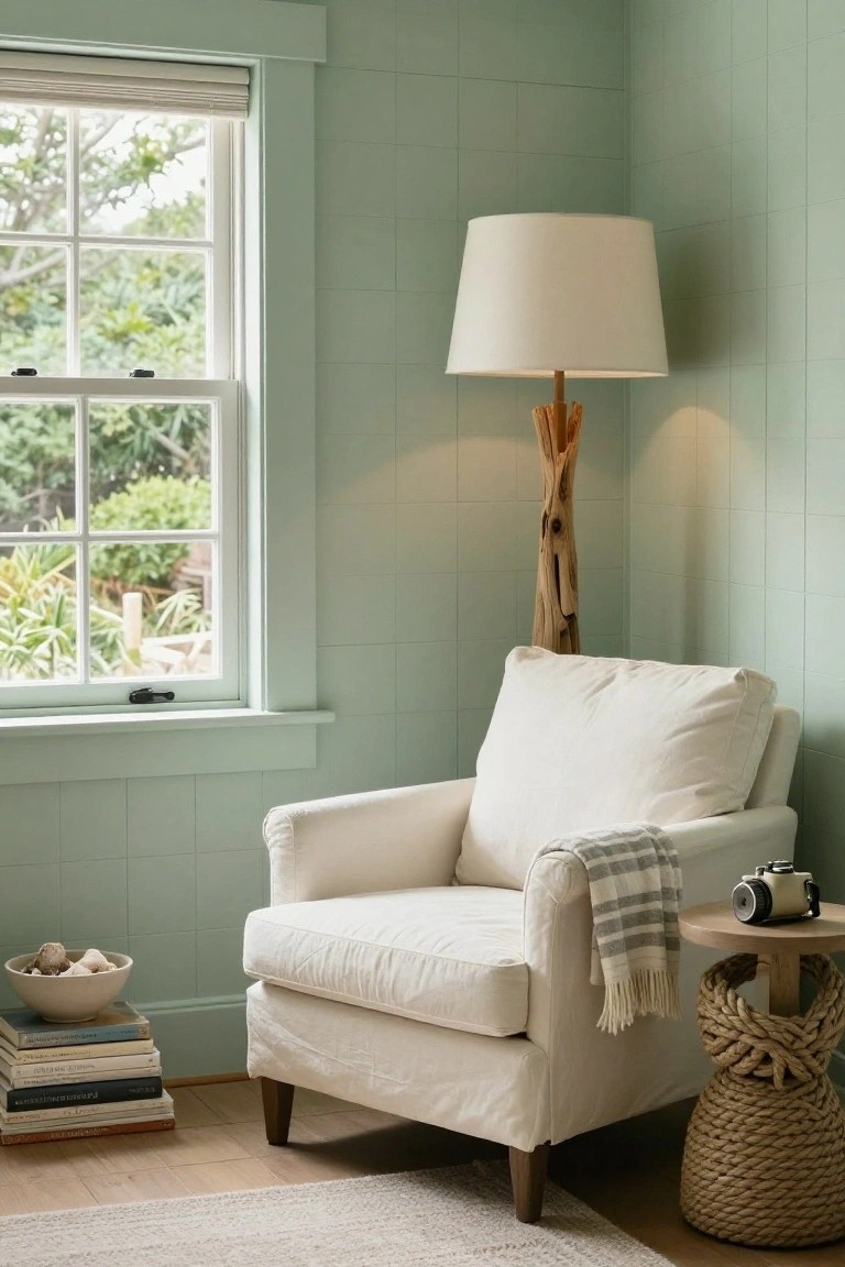 Light green paneled corner room with white slipcovered armchair, tall driftwood floor lamp, rope-wrapped wood side table holding books shells and vintage camera, near a multi-pane window overlooking greenery.