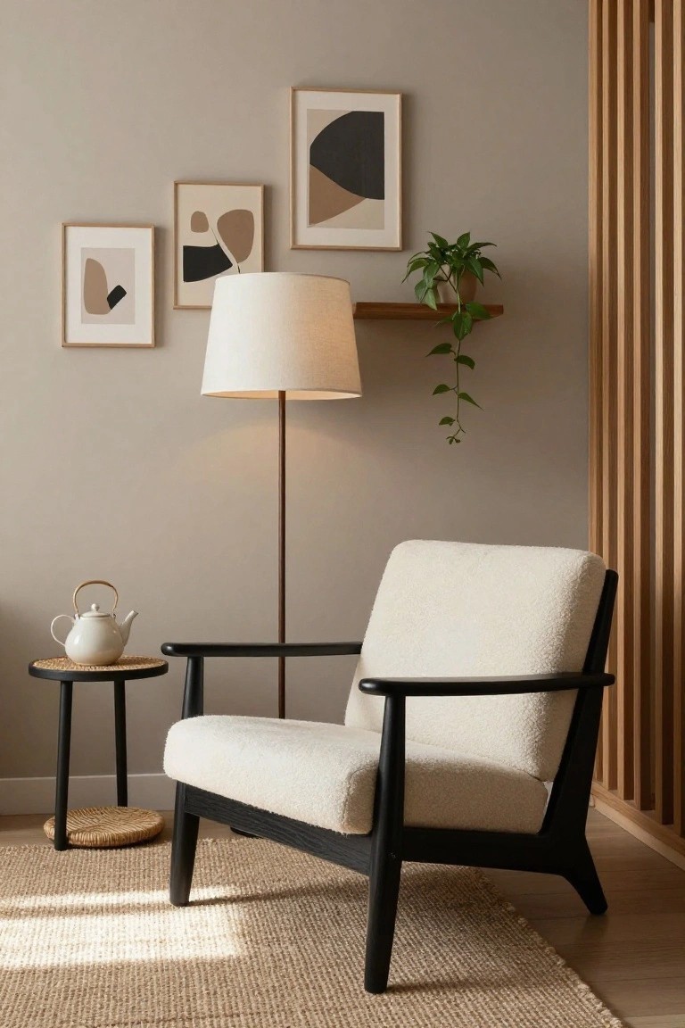 Cream upholstered armchair with black wooden frame in a beige room corner, next to a tall floor lamp, small black side table holding a white teapot, abstract framed art on walls, potted plant on shelf, and wooden slat wall paneling.